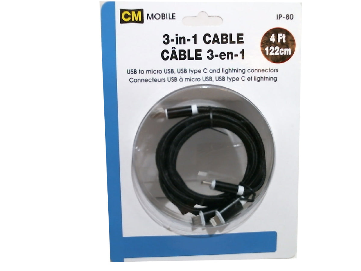 Câble USB A - 3-en-1 1,2 m noir (USB C / Lightning / Micro) CM