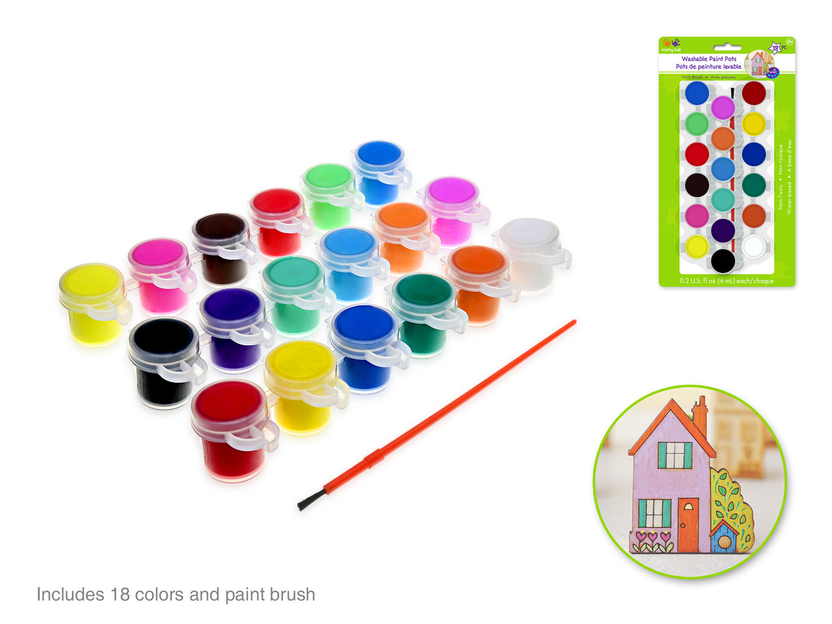 Paint Pots 18pk W/Brush Washable Asst (18x6ml) Lil' Artist
