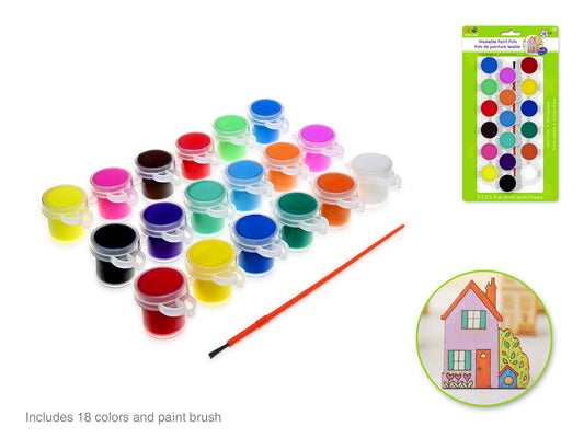 Paint Pots 18pk W/Brush Washable Asst (18x6ml) Lil' Artist