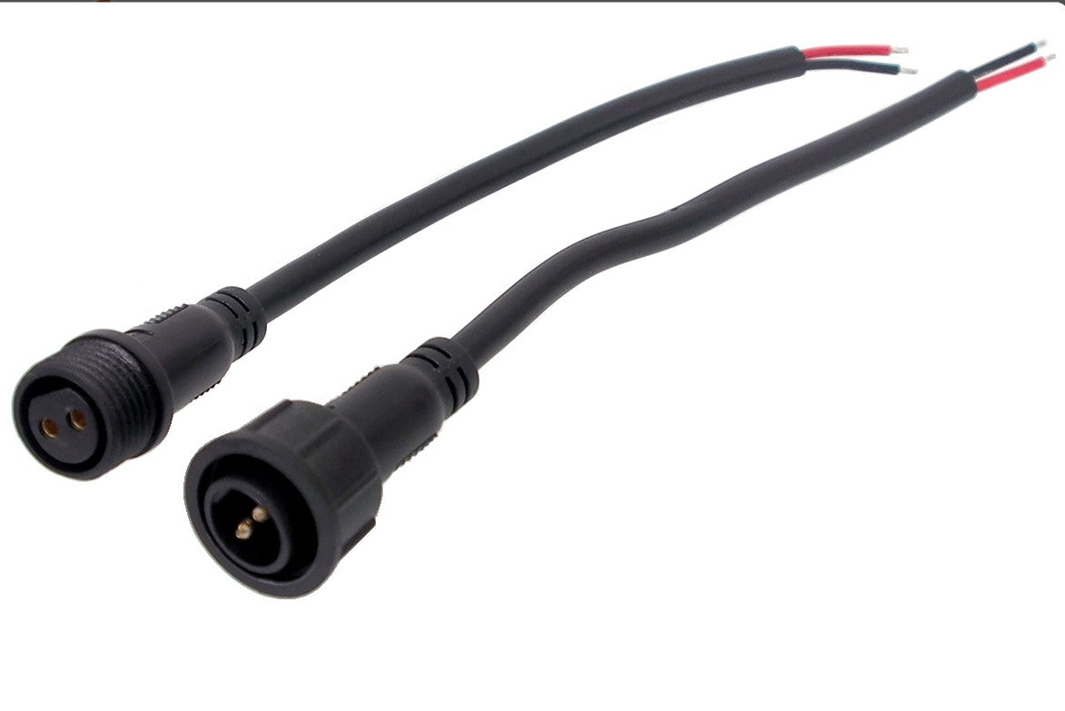 2/18 AWG electrical waterproof cable male/ female. 10A max. Length: 2 x 15 cm. 80°, 300V wire