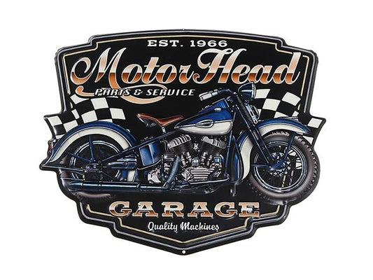 EMBOSSED METAL WALL SIGN - MOTOR HEAD GARAGE 13.80 × 0.20 × 15.75 in