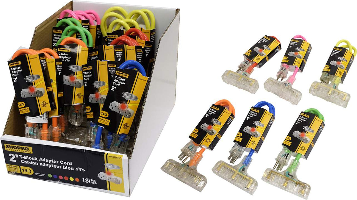 Extension cord 14/3 t-bar 2 foot 3 outlet lighted assorted colours