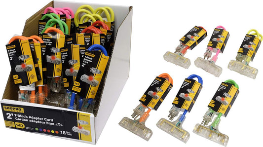 Extension cord 14/3 t-bar 2 foot 3 outlet lighted assorted colours