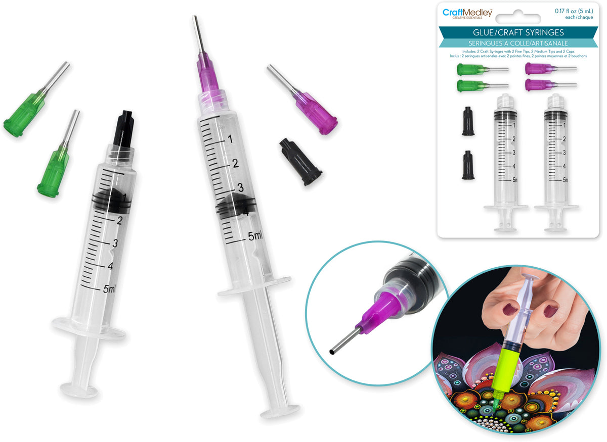 Craft Medley: 5ml Glue/craft Syringe 2pc W/2ea Fine+med Tips & 2 Caps