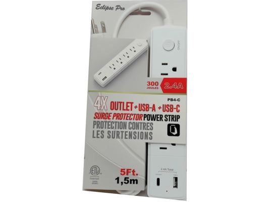 Power bar with surge protector 4 outlet USB-A Type-C® with 5 foot cord