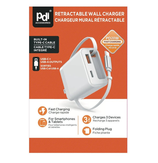 Wall Charger USB C & USB A w/ Retractable USB C 20W PDI