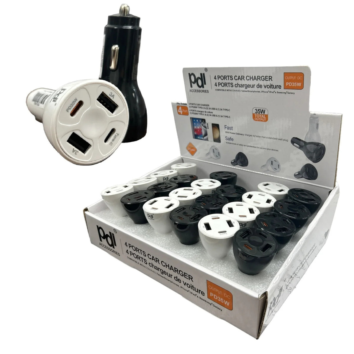 Chargeur de voiture 2 x USB C et 2 x USB A 35W Couleurs Assorties PDI