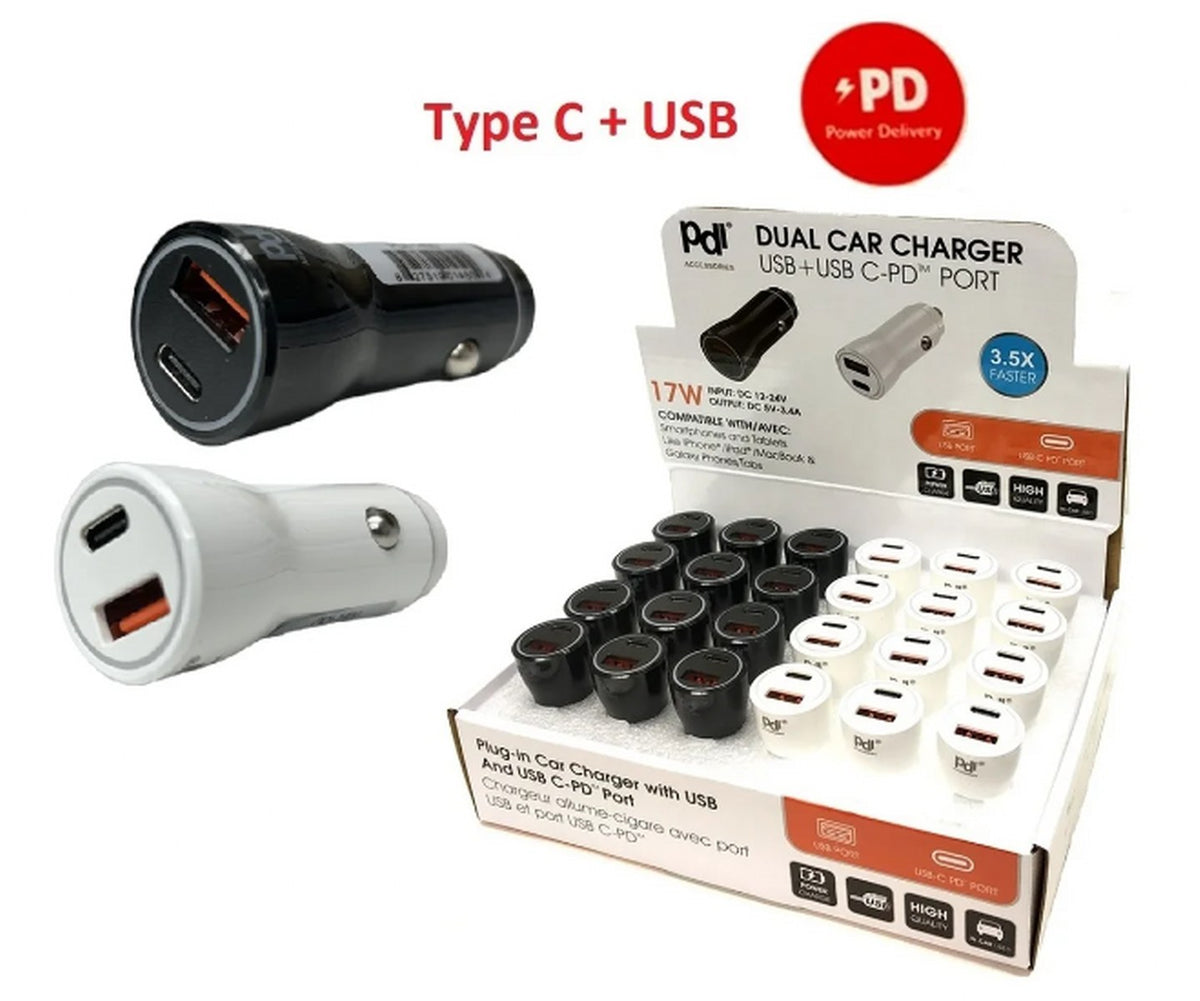 Car Charger USB C & USB A 17W Ass't Colours PDI
