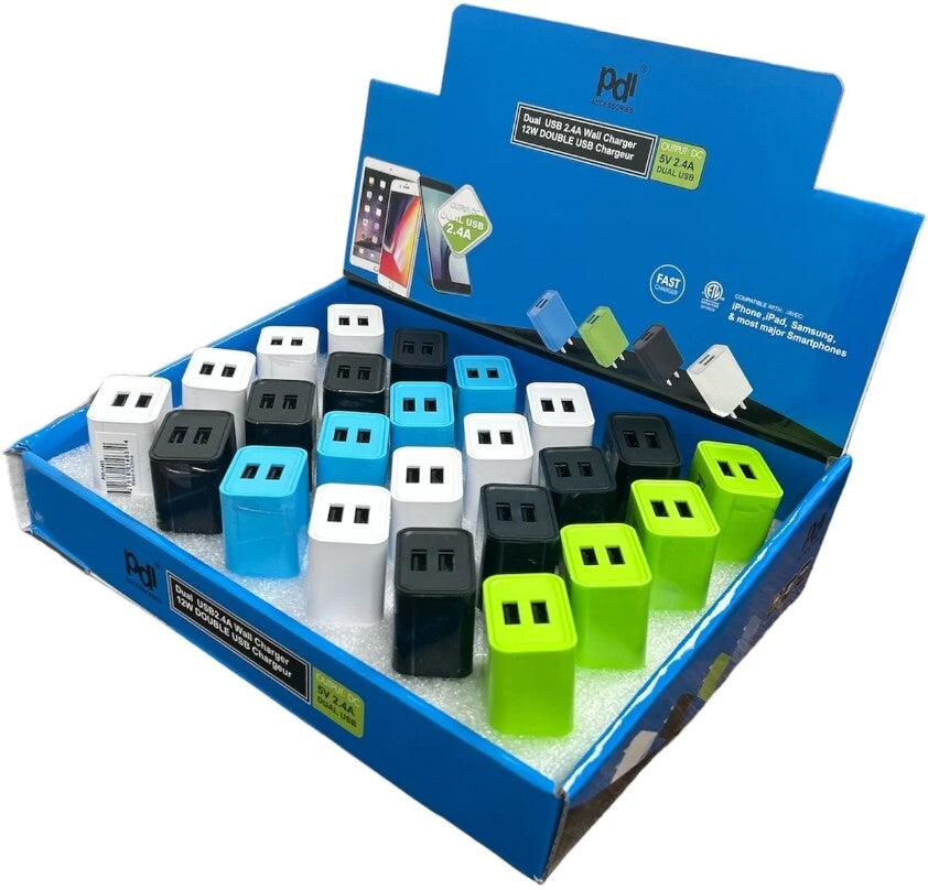Wall Charger Dual USB A 2.4A Ass't Colours PDI