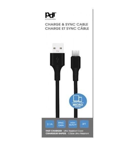 USB A - Micro USB 3Ft Black Cable PDI