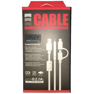 USB A - 2-in-1 5Ft White Cable (Lightning / Micro) YESA