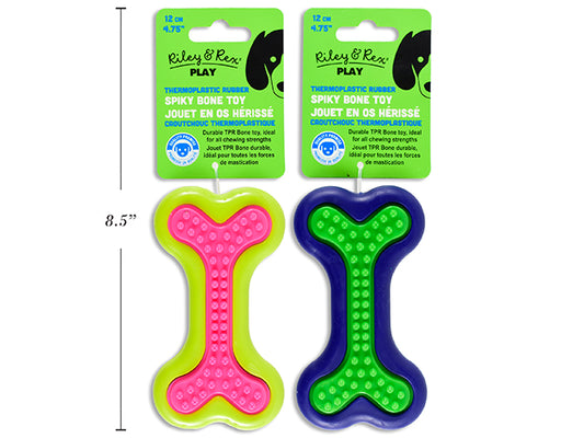 Spiky Dog Bone 4.75in x 2.5in 2-Tone TPR. 2 Asst.Colours.