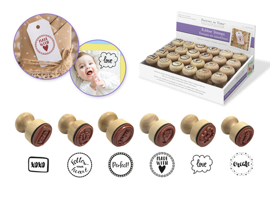 Wooden Rubber Stamps: Ergonomic Handle 1.1" Stamp 4eax6styles A) Sentiments
