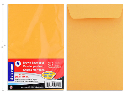 ENVELOPES BROWN 6X9" 6/PKG 95GMS