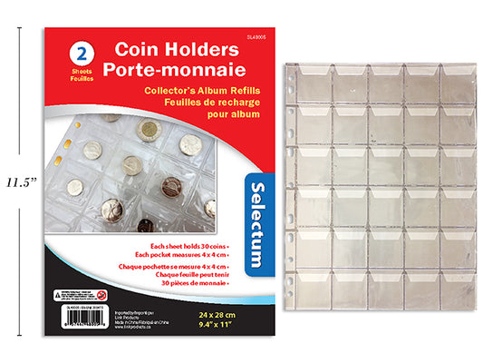 2 COIN HOLDERS FOR 30COINS@PKT4X4CM 9-3/8X11"FI  ITS BINDER