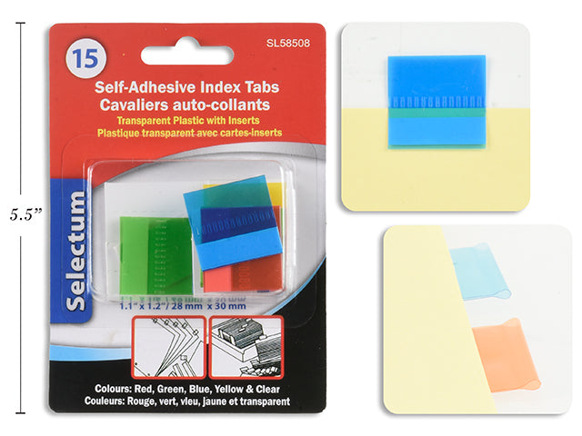 PLASTIC INDEX TAB SEL-ADHESIVTRANSP.W/INSERT 15Pk 1.5X  X0.5" CLRS.