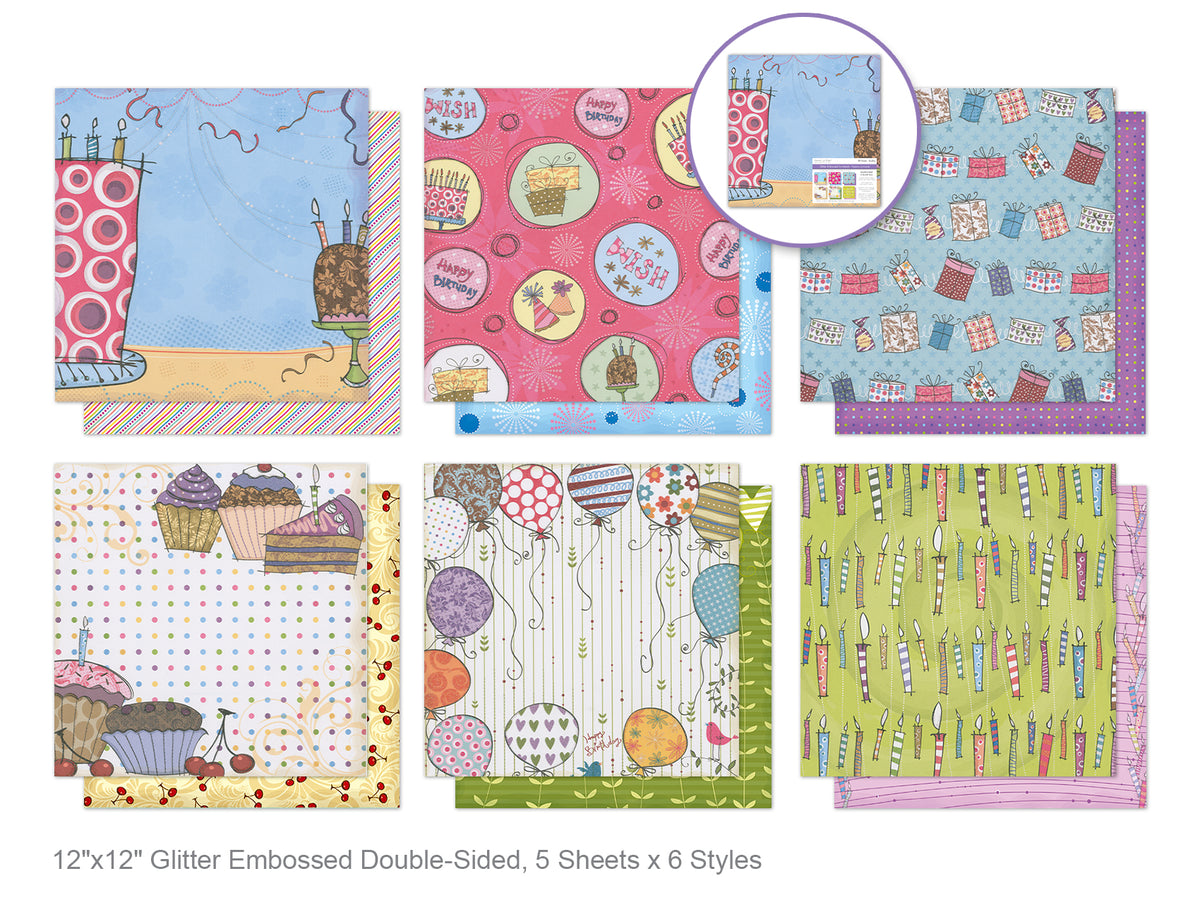 Papier cartonné : 12"x12" Gaufré Pailleté Double Face 5 designs x 6 styles Joyeux Anniversaire