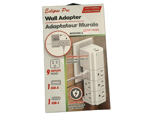 Wall adapter 9 outlets 1 USB-A 1 USB-C fast charge - 90 degree swivel