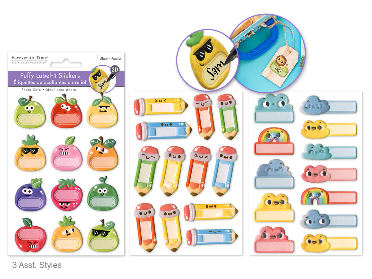 Paper Craft Sticker: 4.1"x6.1" Puffy Label-it Asst12eax3stl B) Kawaii Cutesy