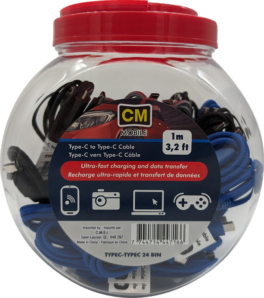 USB C - USB C 3.3Ft Cable Ass't Colours Bulk CM
