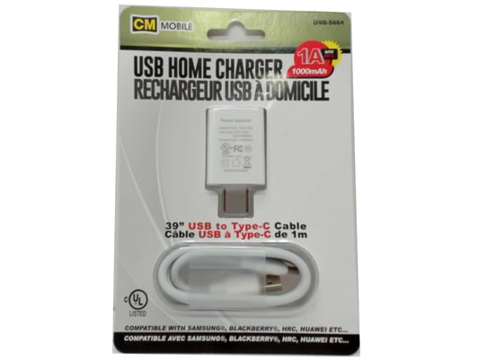 Wall Charger USB A 1A w/ USB C Cable CM Mobile