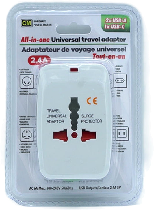 Universal Travel Adapter w/ USB Charger (2x USB A & 1 x USB C) CM Homeware