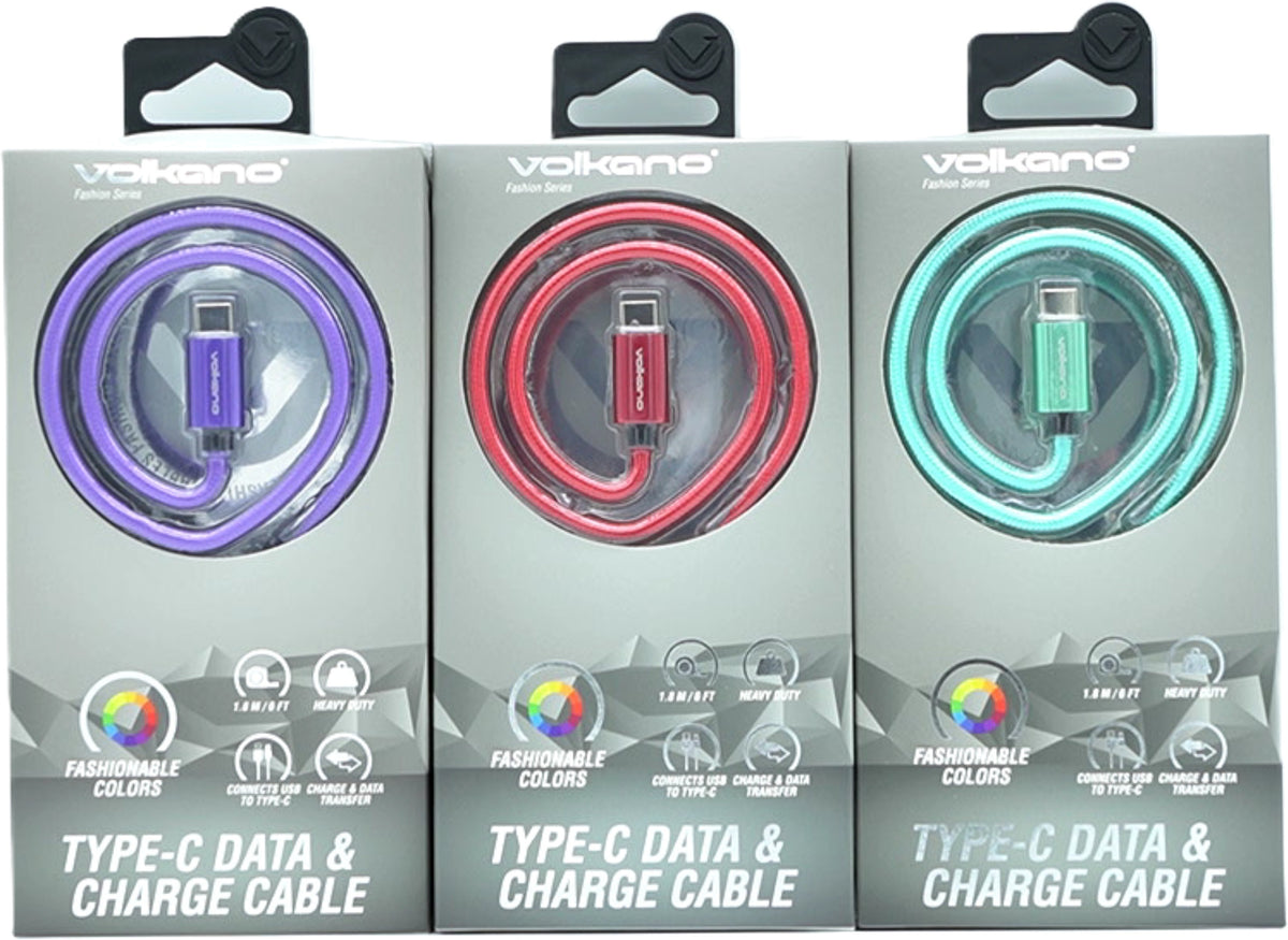 USB-A - USB-C 6Ft Braided Cable Ass't Colours Volkano