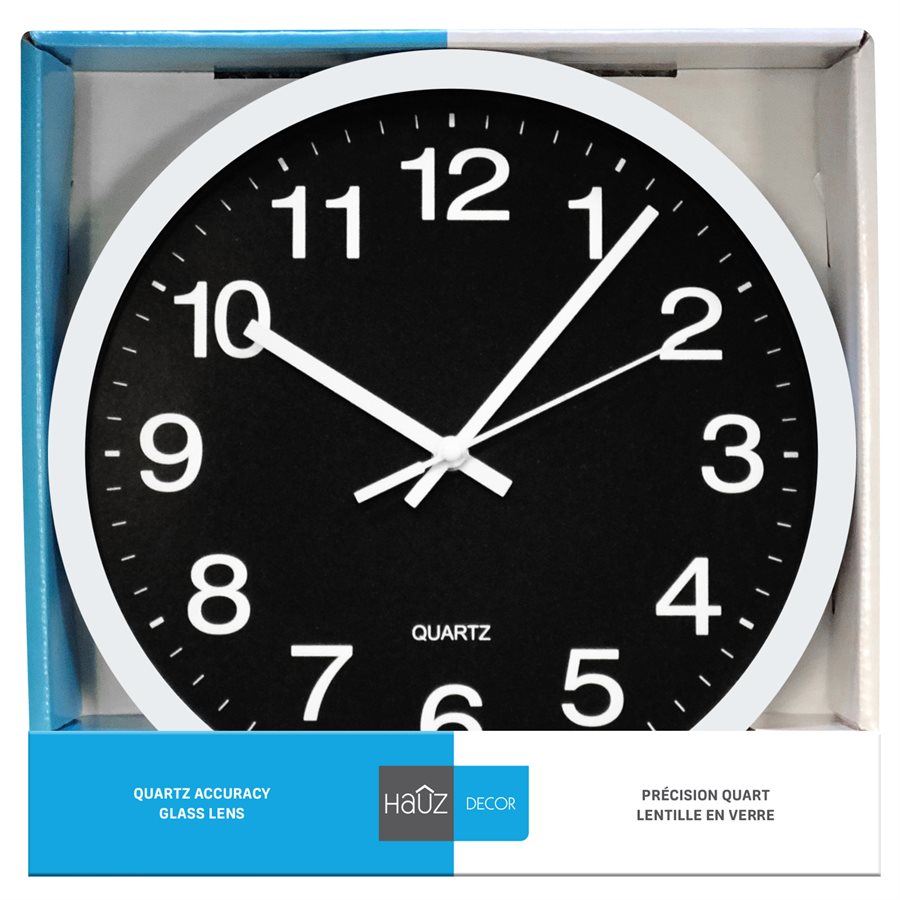 wall clock Round 12" black with white pointers and numbers Hauz