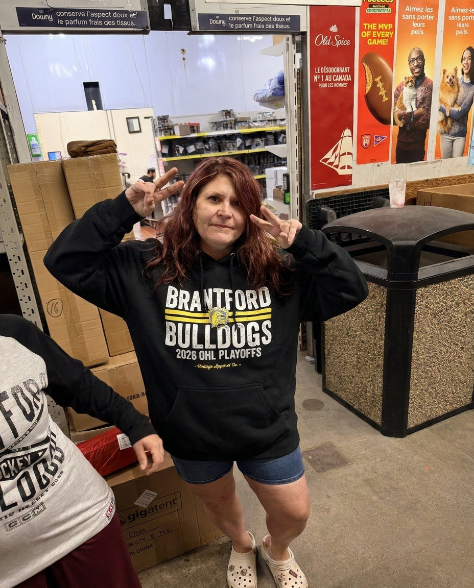Brantford Bulldogs 2026 OHL Playoffs hoodie shown on a model