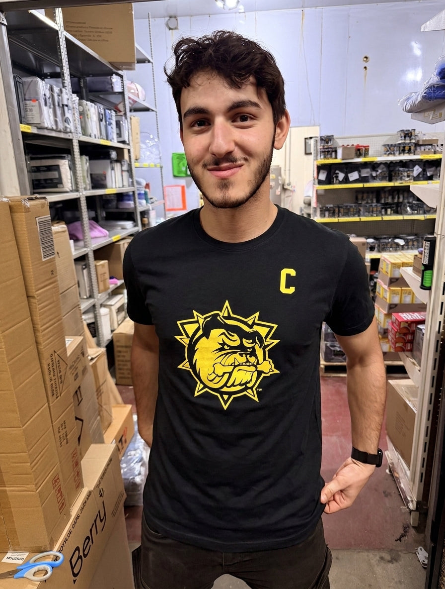 Brantford Bulldogs Captain O'Brien tee shown on a model