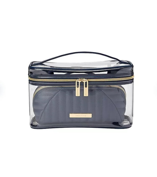 2pc. Luxe Caviar Train Case Set Clear/Blue Tartan + Twine - Additional View