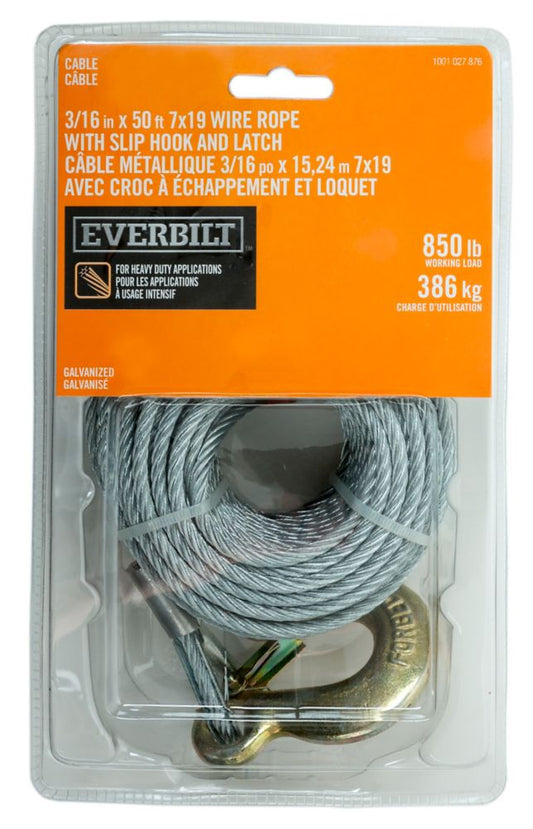 3/16" X 50' 7x19 Wire Rope w/Slip Hook & Latch 850lb. Galvanized Everbilt - Additional View