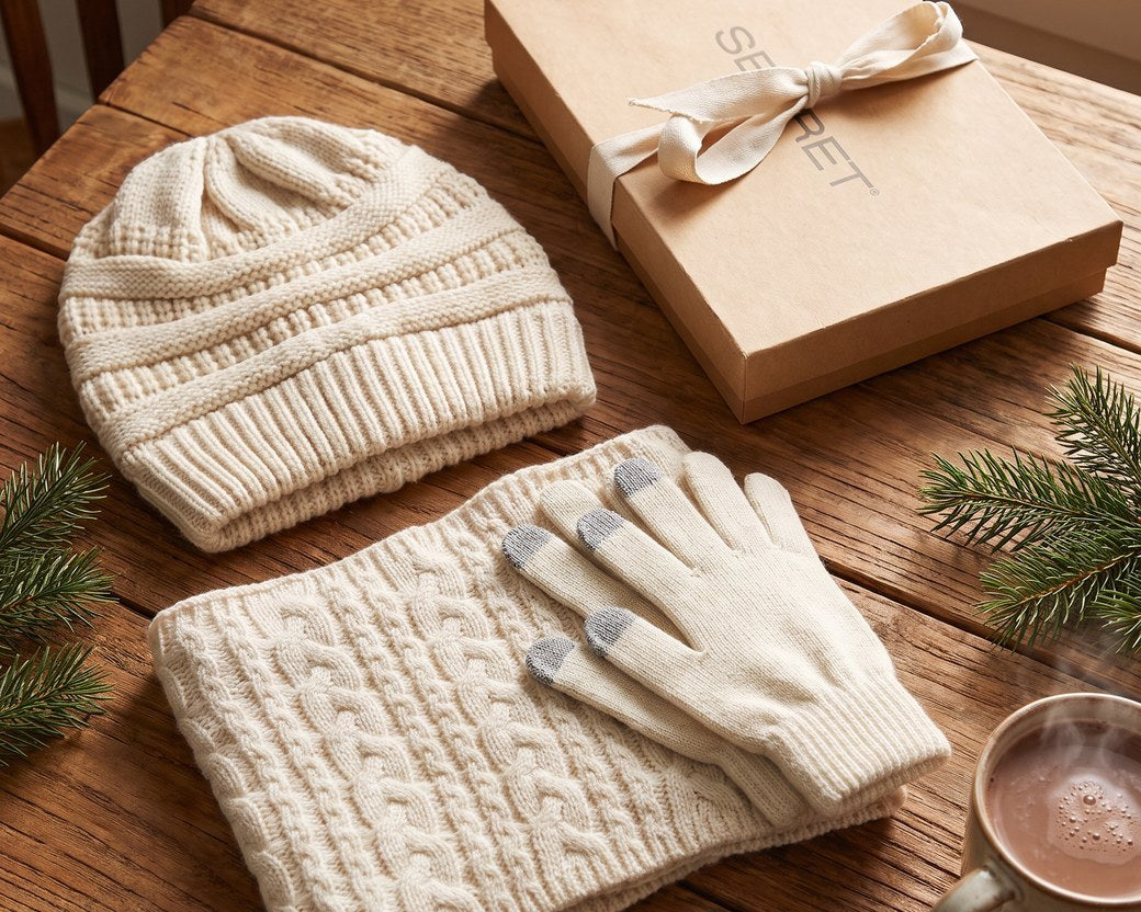 Scarf & Mitten Set 3pc. Black, Beige Or Green 3pc. Secret - Sold as individual set